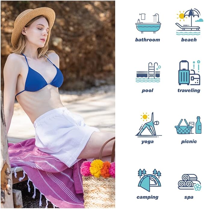 Hencely Turkish Beach Towel 37x68 Oversized, Sand-Free, Quick-Dry, Lightweight - Travel Essential for Pool & Bath - Striped 100% Cotton Bathroom Towels Accessories Gift (Fuchsia)