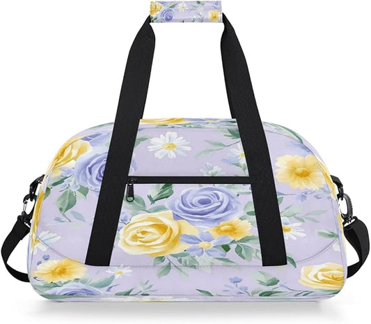 Kids Duffle Bag Girls Boys Spring Summer Rose Flowers On Purple Weekender Overnight Bag,Lightweight Duffel Bags for Traveling Gym Sport Dance