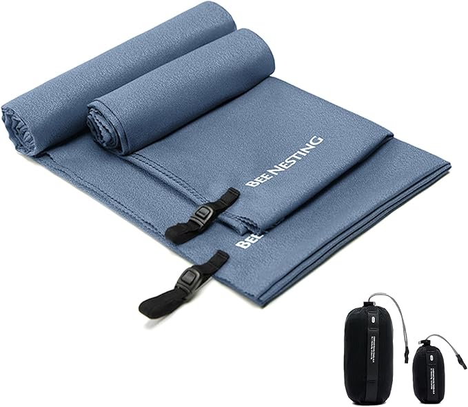 Bee Nesting Ultralight Quick Dry Towel - Medium&Small 2 Pack Microfiber Towels with Compact Packable Pocket for Lightweight Backpacking Travel, Beach, Gym, Camping & Hiking(Navy Blue, M&S 2 Set)