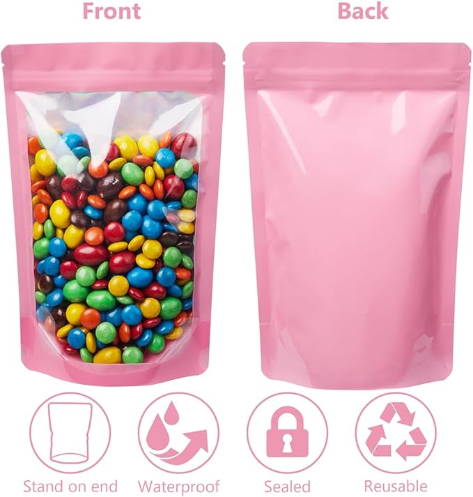 LZLPACKING 100 Pieces resealable Mylar Bags with Clear Front Window,Smell Proof Edible Packaging,Stand up Pouches for Food Storage(Pink/5×8 Inch/12.7 x 20.3cm)