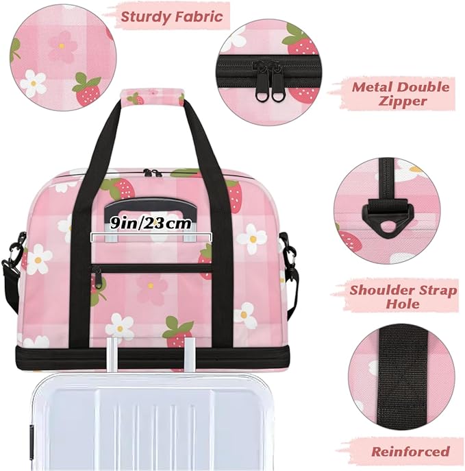 Fruit Strawberry Sports Gym Duffel Bag for Men Women Buffalo Check Floral with Shoe Compartment Weekender Overnight Bags Travel Bag Carry on Backpack for Swim Fitness Workout