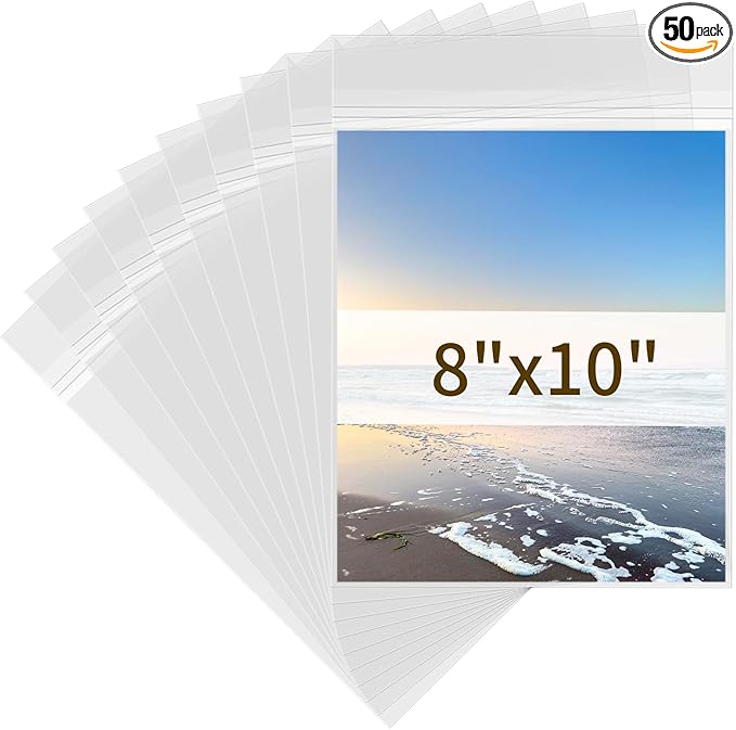 50 Pack 8x10 Photo Sleeves - Acid Free 1.57 mil (Single Side) Thick Heavy Duty Clear Plastic Bags Self Adhesive Crystal Clear Plastic Sleeves for Paper Cardstock Photo Prints 8x10