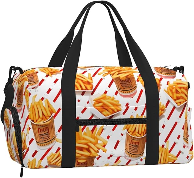 Sports Gym Bag French Fries Chips Pattern Travel Duffel Bag With Shoe Compartment Shoulder Strap, Lightweight Water-Resistant Weekend Overnight Totes For Women Men