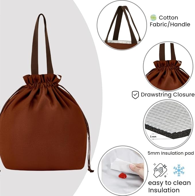 Reusable Small Lunch Bag,Drawstring Lunch Bag,Insulated Handbag Tote bag with Handle (Brown 2.0)