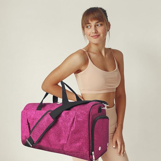 NGIL Glitter Cheers Sports Gym Duffel with Shoe Compartment and Small Carry on Travel Tote Bags for Women, Gym bag, Overnight bags for Women, Cheer Bag (Glitter-Hot Pink)