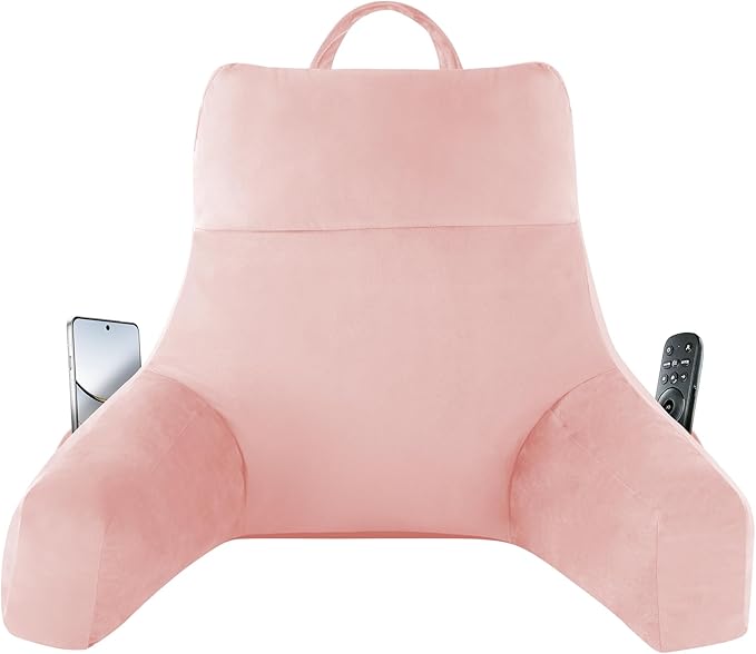 Back Pillow for Bed Sitting up, Reading Pillow for Sitting in Bed Adult, Back Support Pillow, Memory Foam Sit up Lounge Backrest Pillow with Arms for TV, Couch, Chair, Dorm, 18 Inch, Pink