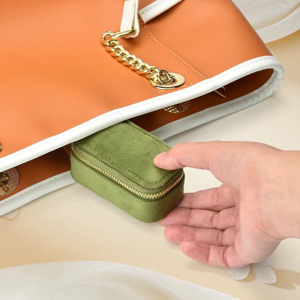 Small Travel Jewelry Case, Mini Tiny Plush Velvet Jewelry Box for Women and Girls, Pocket Size Jewelry holder organizer for Rings Earrings and Small Items(Avocado Green)