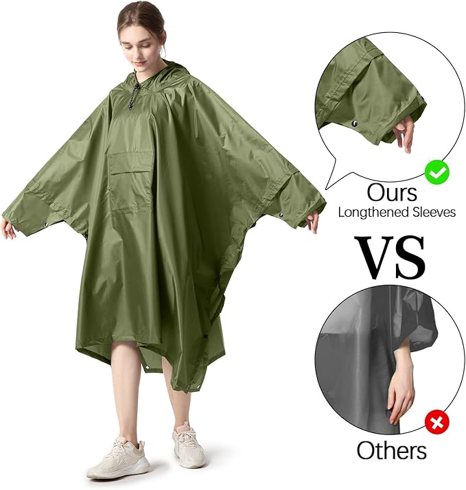 NUUR Rain Poncho for Women Adults Unisex Hooded Zipper Raincoat Waterproof Reusable Hiking Rain Coat with Pockets