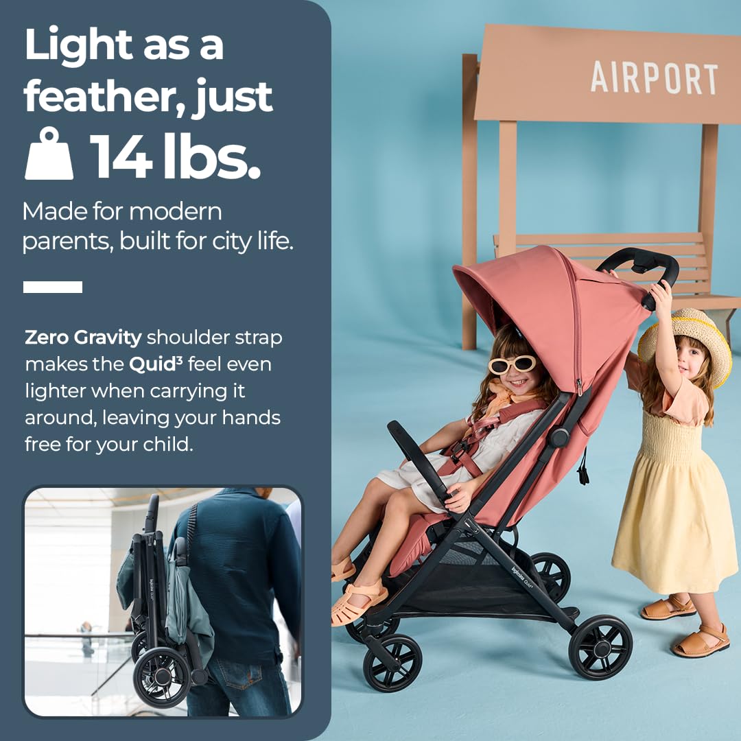 Inglesina Quid³ Stroller, Aurora Pink - Compact Reclining Travel Stroller for Baby & Toddler 0-55 lbs, One Hand fold, Airplane Overhead, Lightweight, Foldable, XL UPF 50+ Canopy