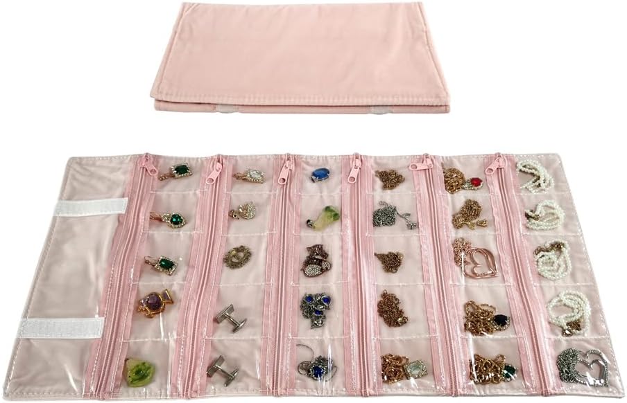 Travel Jewelry Roll Bag Portable Organizer Pouch With Grids&PVC Cover Storage Bags for Necklace, Bracelet, Bracelet,Ring, Badge, Pendant