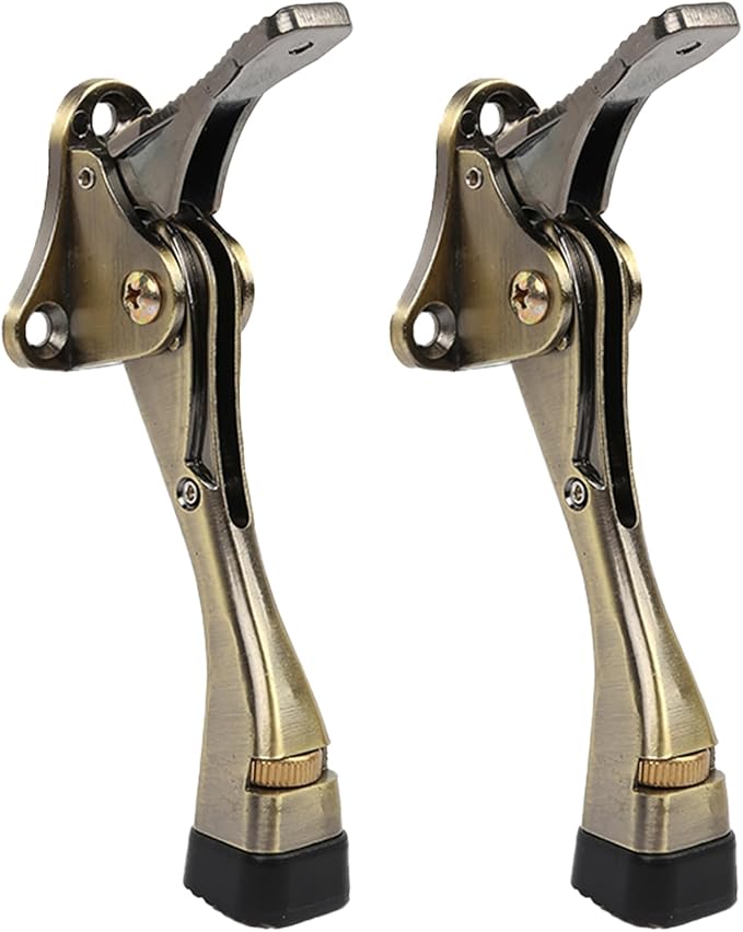 Kickdown Door Stopper 4 Inches - 2 Packs One Touch Adjustable Height Door Stop for The Bottom of Door Aluminum Alloy Metal Door Stopper with Rubber Tip & Wall Protectors for Wide Doors Bronze