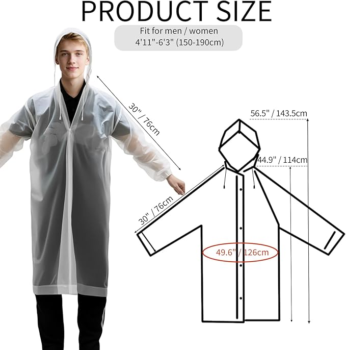 12 Pack Rain Poncho for Adults, Waterproof EVA Raincoats with Hood and Drawstring Reusable Cape for Women Men, Translucent