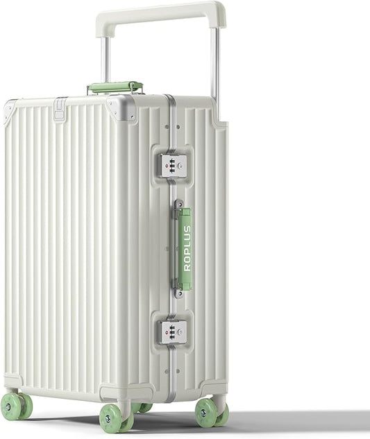 Aluminium Frame Checked-Luggage with Smooth Jelly Wheels, Hardside Zipperless Rolling Suitcase with TSA Lock (WhiteGreen, 24-Inch)