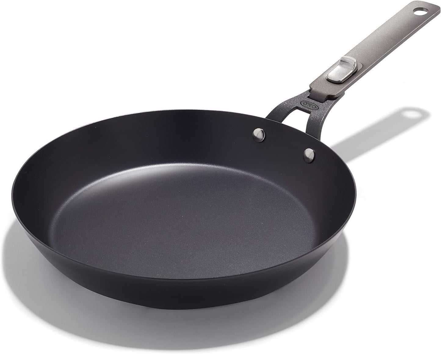 OXO Outdoor Pre-Seasoned Carbon Steel 10" Frying Pan Skillet, Detachable Handle for Easy Storage, Indoor Use, Nonstick with Use, Induction Suitable,Oven & Broiler Safe,Browning, Grill,Sear,Saute,Black