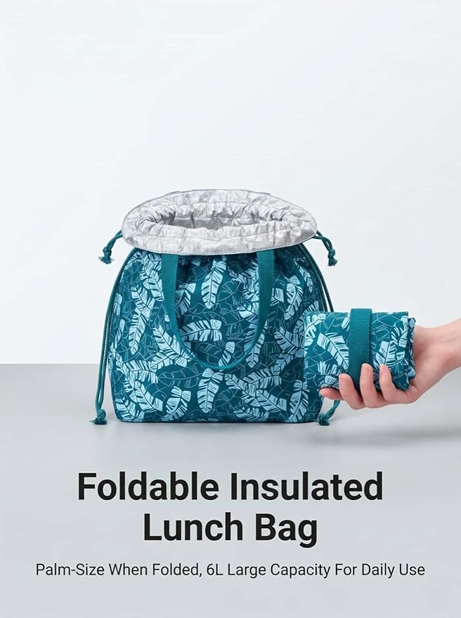 Reusable Small Lunch Bag,Drawstring Lunch Bag,Insulated Handbag Tote bag with Handle (Broadleaf Blue)