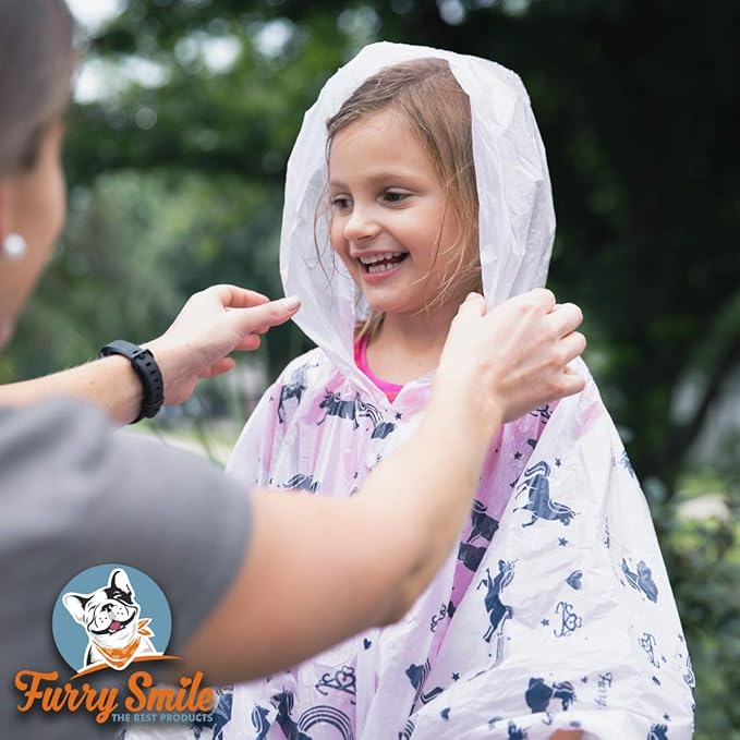 Disposable Rain Ponchos Kids - Emergency Kids Rain Poncho - 4 Pack Hooded Ponchos for Boys and Girls With Fun Designs