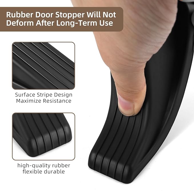 Door Stoppers for Bottom of Door on Floor, Premium Rubber Door Stopper Wedge, Floor Sturdy Stackable Door Stops for Carpet Heavy Duty Door, Door Gaps (Black, 4 Pack)