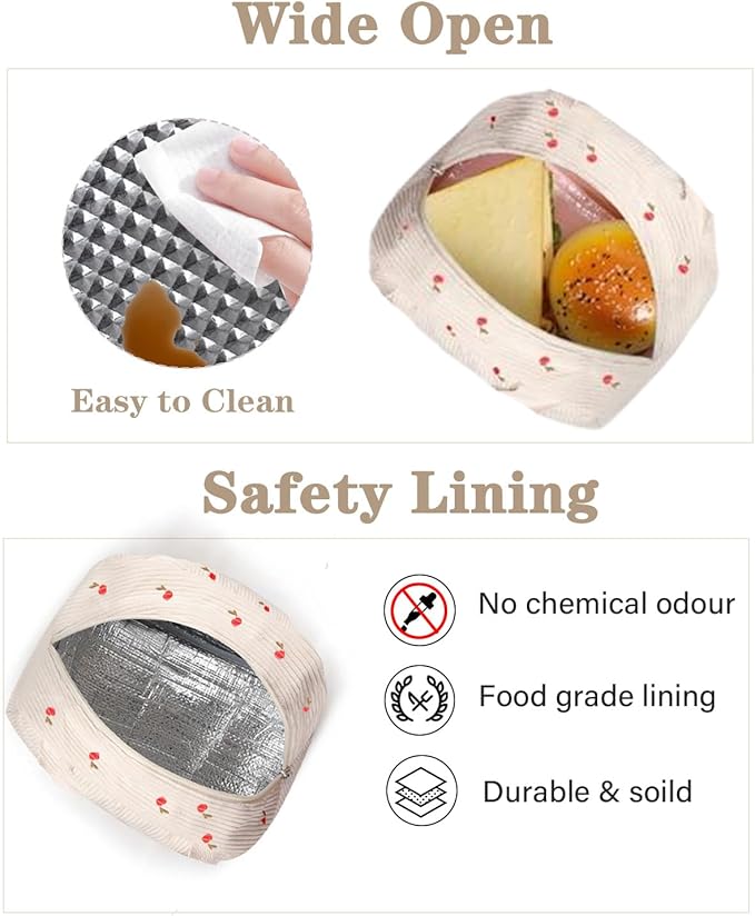 Cute Lunch Box Tote Bag - Corduroy Insulated Cooler Bags for Women - Lightweight Reusable Portable Soft Lunch Pail Kit for Kids Teen Girl Adults Work School Picnic Travel Cherry 12L