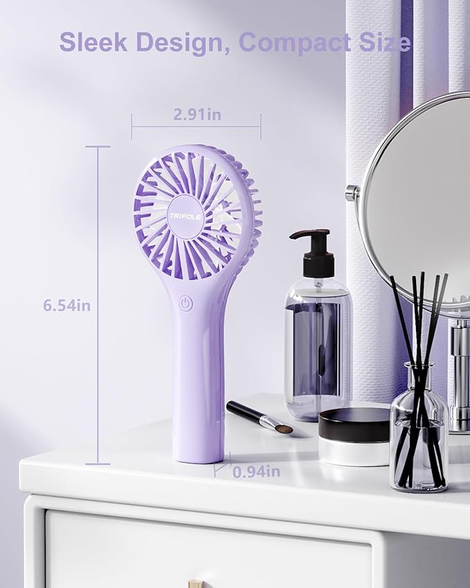 TriPole Portable Handheld Fan - Mini Personal with 3 Speeds, Powerful Little Battery Hand Held Fan for Travel Outdoor Concerts, Cute Small Rechargeable Lash Dryer for Makeup Skincare Drying, Purple