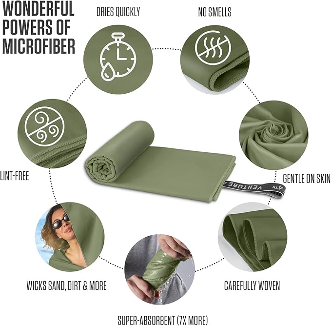 VENTURE 4TH Quick Dry Towel. Microfiber Travel Towel Ideal for Camping, Hiking, Backpacking, Gym. Lightweight & Fast Drying Travel Towels for Body. Compact & Easy to Pack - Army Green Large