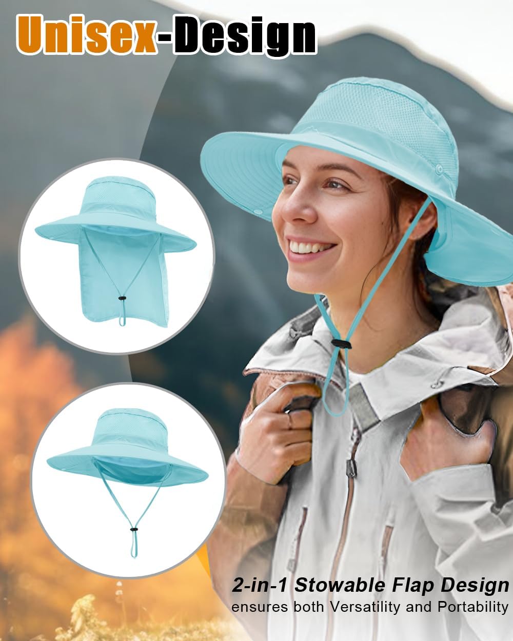 Outdoor Sun Hats with Stowable Neck Flap for Men Women UPF 50+ Mesh Summer Bucket Hat Wide Brim for Fishing Safari Hiking