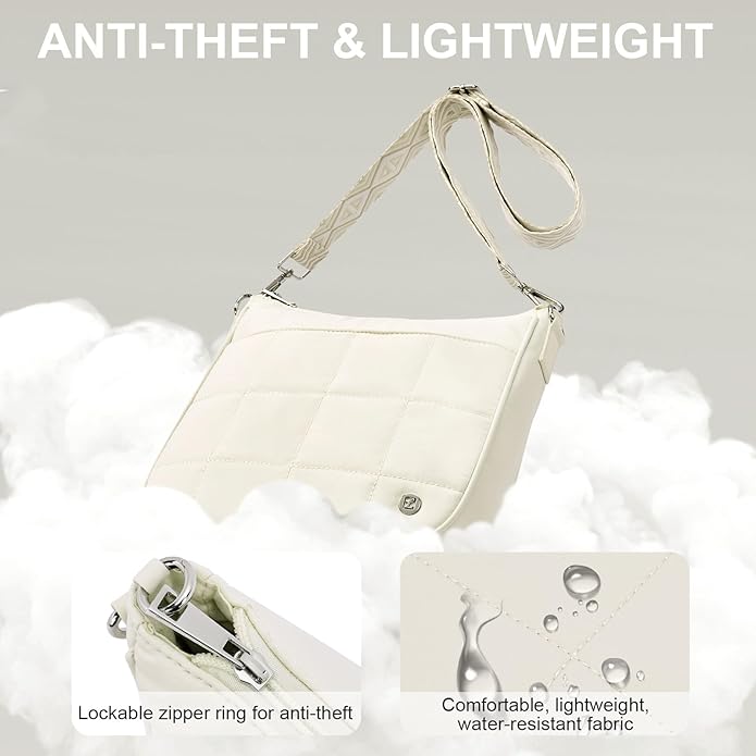 Anti Theft Crossbody Bags for Women,Quilted Puffer Travel Purses Shoulder Hobo Bag Handbag with Guitar Strap