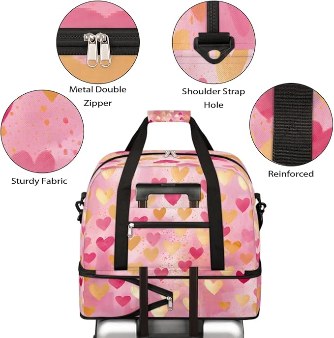 Pink Gold Heart Large Weekender Bag with Shoe Compartment Travel Duffel Bags for Women Carry On Hospital Overnight Bag Foldable Personal Item Travel Bags Tote Gym Sports Airplanes