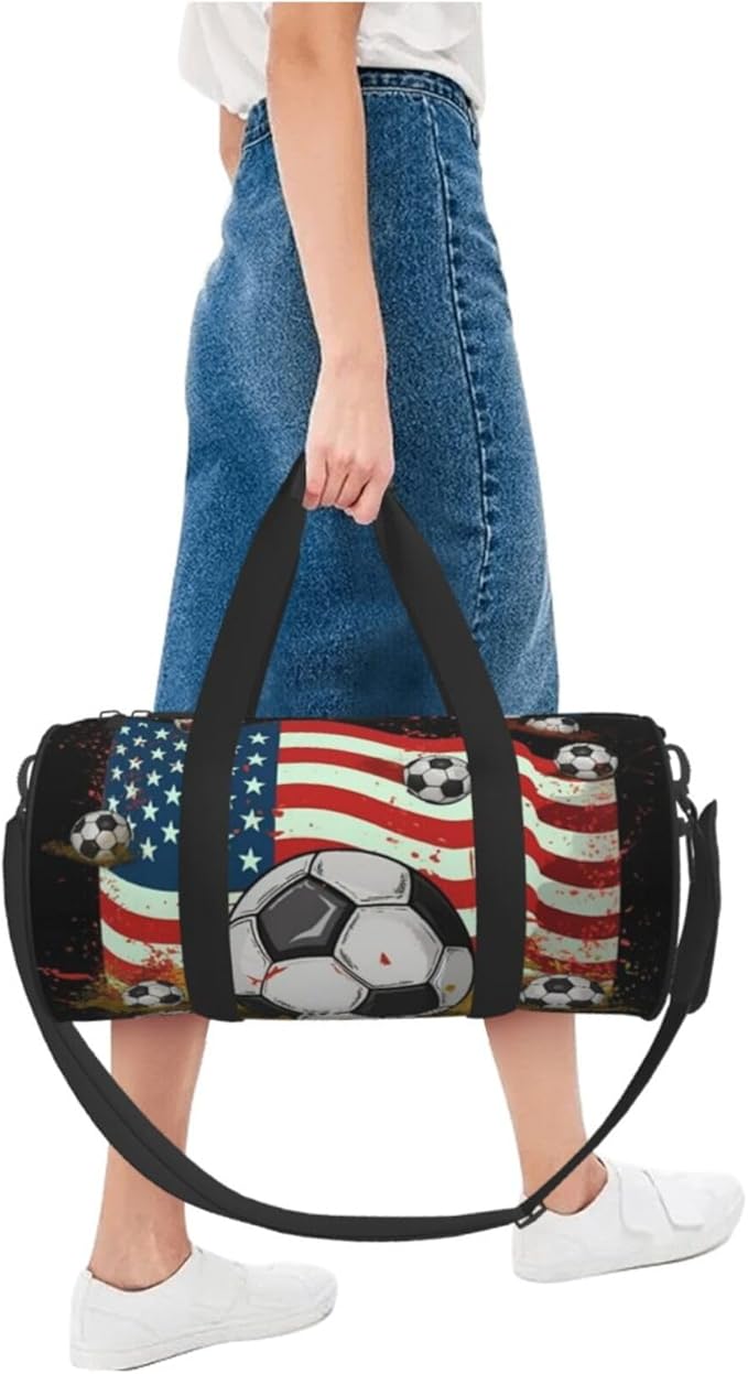 Travel Duffel Bag Lightweight Carry On Weekender Overnight Bags Soccer USA American Flag Sports Tote Gym Backpack with Adjustable Strap Hospital Bags Foldable Luggage Bag for Women Men