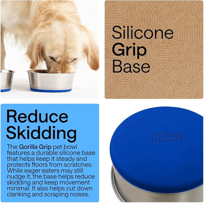 GORILLA GRIP Dog Bowls, Heavy Duty 304 Stainless Steel, Holds 4 Cups Each (32 fl oz) Food and Water Bowl for Feeding Dogs and Cats, Dishwasher Safe, Rust Resistant, BPA Free Rubber Base Set of 2 Blue