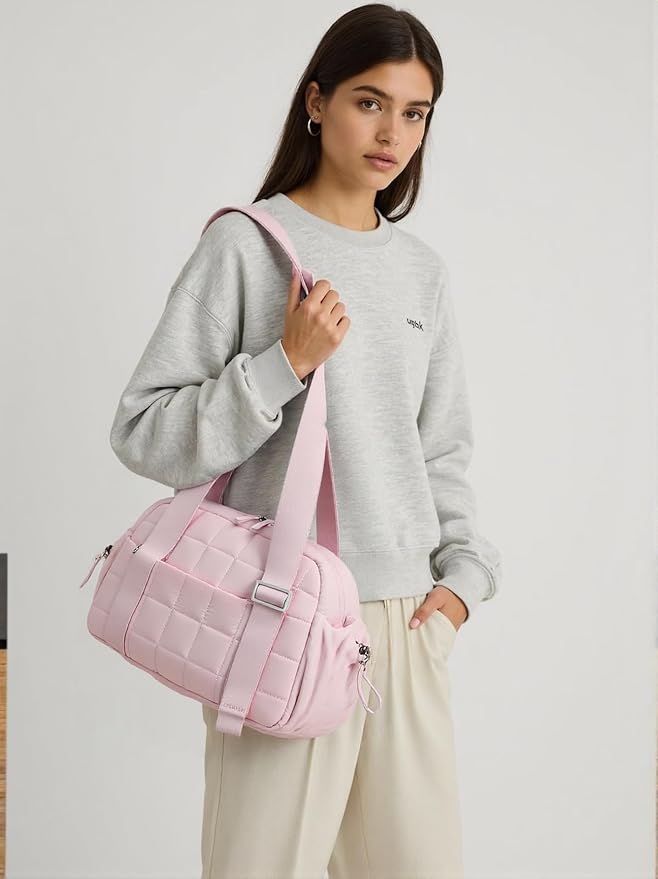 CAMTOP Mini Gym Bag for Women, Small Gym Tote Bag Puffy Quilted Sports Duffel Bag with Wet Compartment and Coin Purse Duffel Bags Dance Yoga Workout Bag for Gifts (All Coral Pink, Mini-12.6")