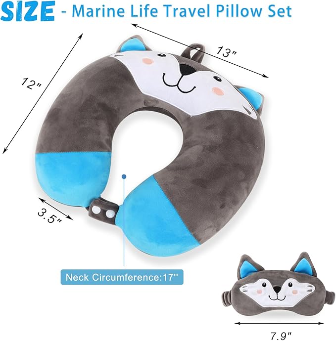 Travel Pillow, Kids Travel Pillow with Sleep Eye Mask Soft Memory Foam Kids Neck Pillow for Boys & Girls, Travel Accessories for Car Airplane Traveling - Wolf
