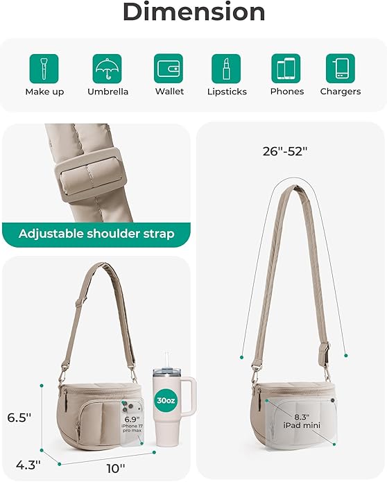 BAGSMART Bum Bags for Women, Crossbody Purses for Travel & Work, Quilted Water-resistant Hobo Bag | 4.5L Roomy, Fanny pack, ideal for Moms, Long Outings, Everyday cute bag, Puffer, Nylon
