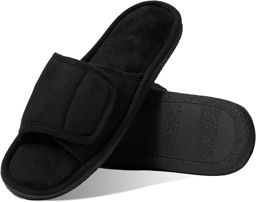 WALKFUN Men's Open Toe Slippers Adjustable Slip-on Memory Foam Indoor Slippers for Men Non Slip Outsole