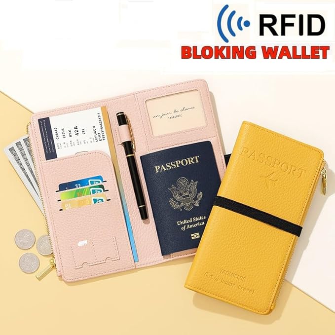 DOB SECHS Leather Passport Holder for Women, RFID Blocking Passport Wallet Credit Cards Case, Travel Accessories Organizer Pouch Bag with ID Window+Zippered Cash Pocket+SIM Slots, Green