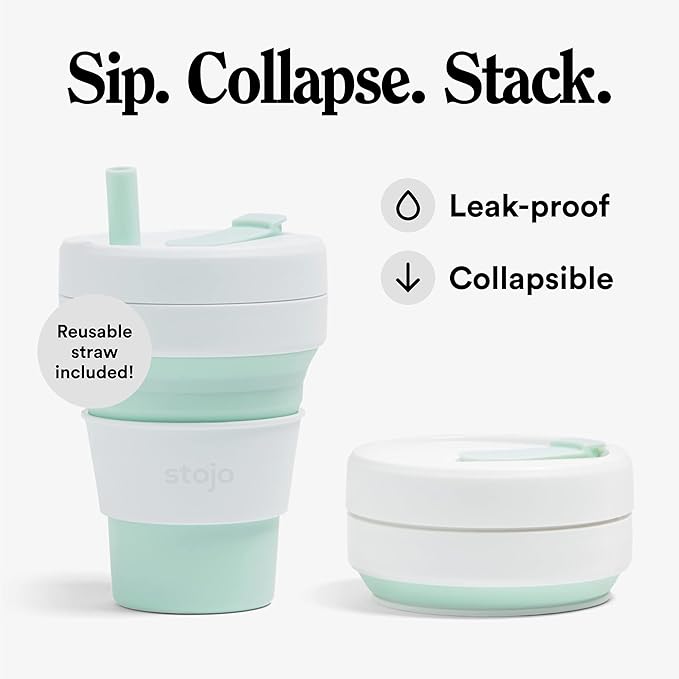 Stojo Collapsible Coffee Cup | Reusable To Go Pocket Size Travel Cup With Straw – Mint Green, 16oz
