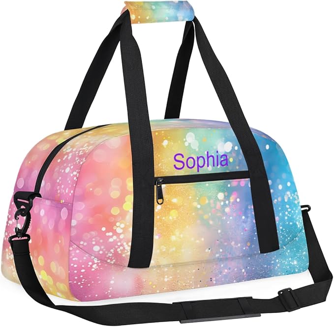 Custom Name Blue Pink Yellow Glitter Girl Gym Travel Duffle Bag with Front Zipper Pocket Personalized Sports Bag for Overnight, Weekender, Carry On,Workout & Dance, 18.9 * 8.7 * 10.6 in