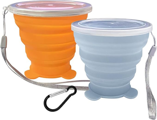 2 Pcs Collapsible Cups, Silicone Collapsible TravelCup, Expandable Folding Camping Drinking Cup with Lids Reusable Small Portable Mugs-Cup for Travel, Camping, Hiking,Outdoors (Light Blue&Orange)