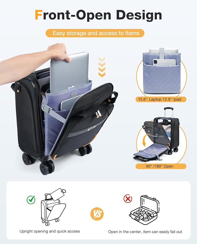 Underseat Carry On Luggage with Wheels, 16 Inch Softside Suitcase with Detachable Wheels, Lightweight Overnight Bag Travel Luggage with Spinner Wheels for Women Men, Black