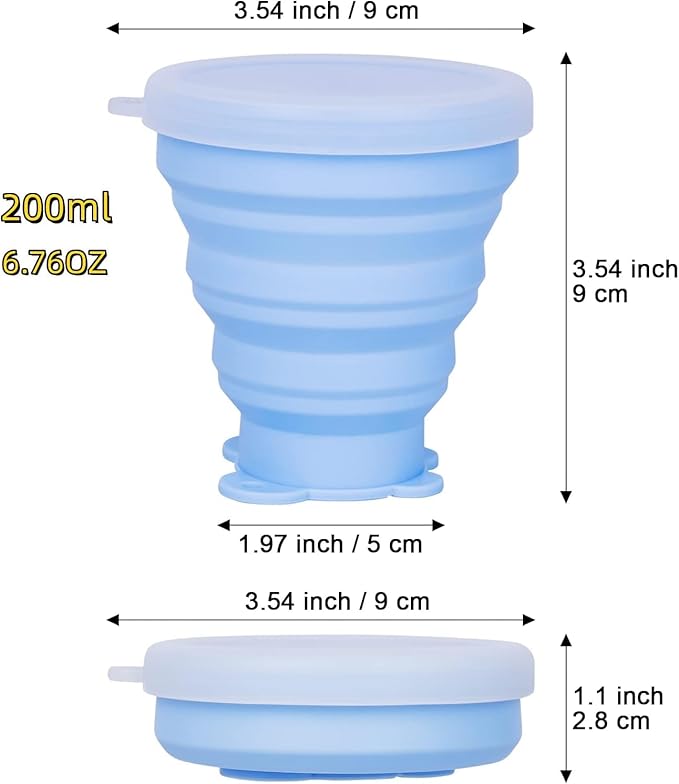 Reusable Foldable Silicone Water Cup, Portable Picnic Snacks Cup, Pocket Size Travel Cup Extensible, Collapsible Cups with Lid for Camping, Travel (Blue with Rope)