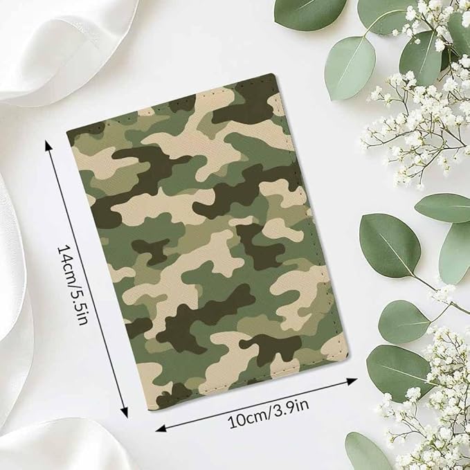 Camouflage Passport Holder for Travel Green Beige Camo Print PU Leather Passport Cover Wallet Cute Passport Card Holder for Women and Men