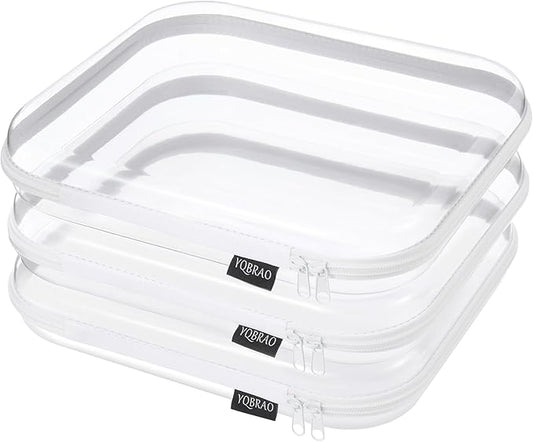 3 Pack Clear Hard Shell Zipper Case, See-Through Hard Plastic Organizer Pouches with Zipper for Travel, Toiletries, Makeup, Electronics & Pencils - Crush-Resistant Storage (L White)