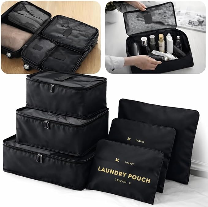 6 Set Travel Packing Cubes for Luggage – Laundry Pouch Organizer Bags, Lightweight Storage Pouches for Clothes, Shoes, and Toiletries (black)