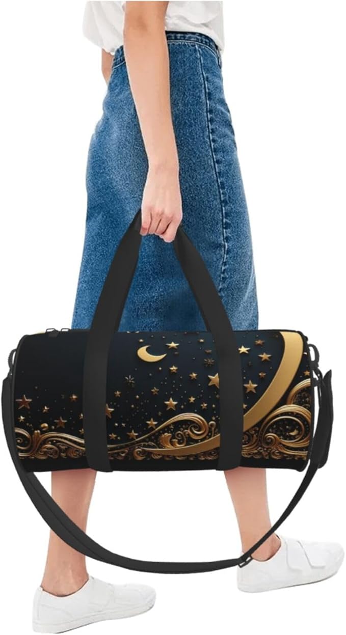Golden background and crescent moon Sports Gym Bag for Women Men Travel Duffel Bag Tote Weekender Bag Canvas Carry on Overnight Bag for Travel Swimming Fitness Workout Sports Duffle Bag