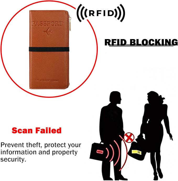 Travel Passport Wallet, RFID Blocking Passport Holder with Zipper, Passport Cover for Women Men, PU Leather Travel Document Organizer with Card Slots, Gift for Family Friends, Brown