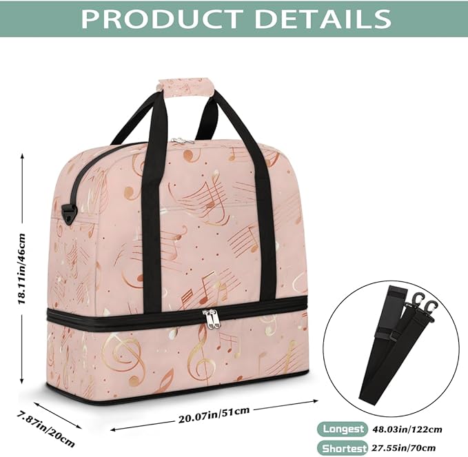 Pink Music Notes Large Weekender Bag with Shoe Compartment Travel Duffel Bags for Women Carry On Hospital Overnight Bag Foldable Personal Item Travel Bags Tote Gym Sports Airplanes