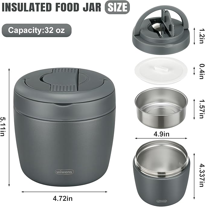 Thermo Food Jar for Hot Food Adults 32OZ Soup Thermo Lunch Containers Wide Mouth Vacuum Insulated Stainless Steel Leakproof Bento Box with Spoon (Grey)
