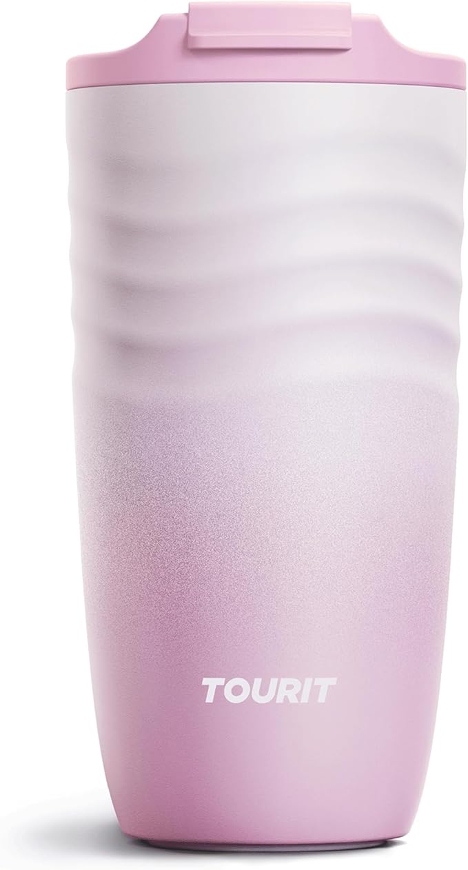 TOURIT 16 oz Travel Coffee Mug, Insulated Stainless Steel Travel Mug with Lid, Leak-Proof Double-Wall Vacuum Tumbler, Reusable Coffee Cup - Pink