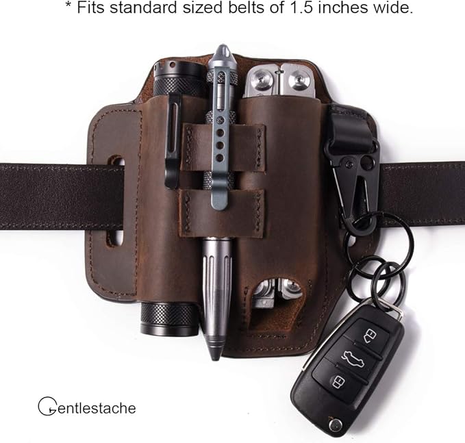 Gentlestache Multitool Belt Sheath, EDC Leather Belt Organizer, Belt Holder with Multitool Pouch, Flashlight Holder, Pen Holder and Keychain Clip, Practical EDC Belt Pouch for Men