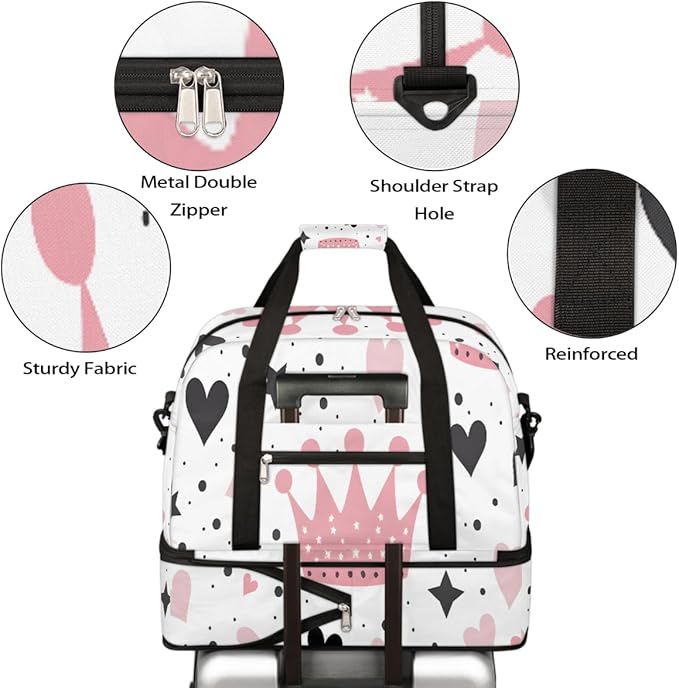 Pink Heart Star Crown Large Weekender Bag with Shoe Compartment Travel Duffel Bags for Women Carry On Hospital Overnight Bag Foldable Personal Item Travel Bags Tote Gym Sports Airplanes