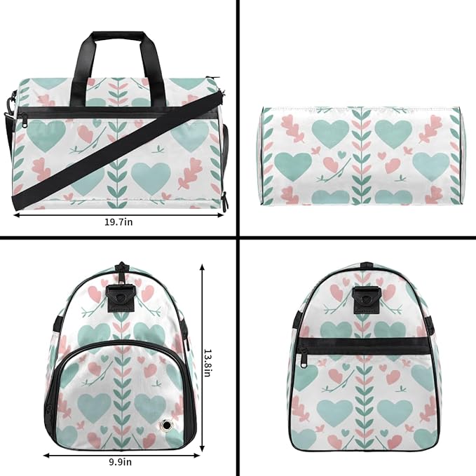 Gym Bag with Shoes Compartment, Duffle Bag for Travel, Sports, Fitness,Workout,Heart-shaped Pattern Printed
